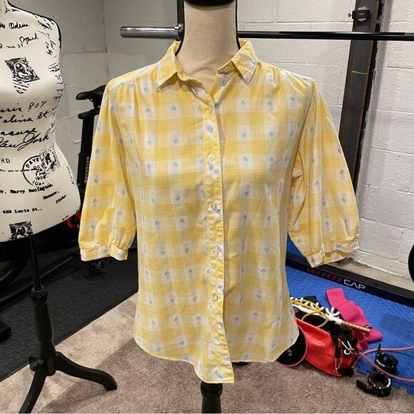 Cute vtg. Limoncello 🍋 80’s yellow windowpane plaid tulip blouse cheryl tiegs 🌼 - Picture 8 of 11